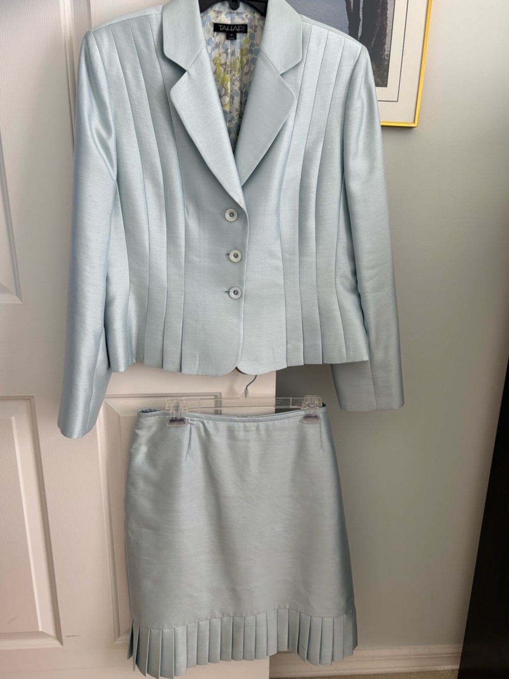 Tahari Light Blue Pleated Blazer & Skirt Two-Piece Suit